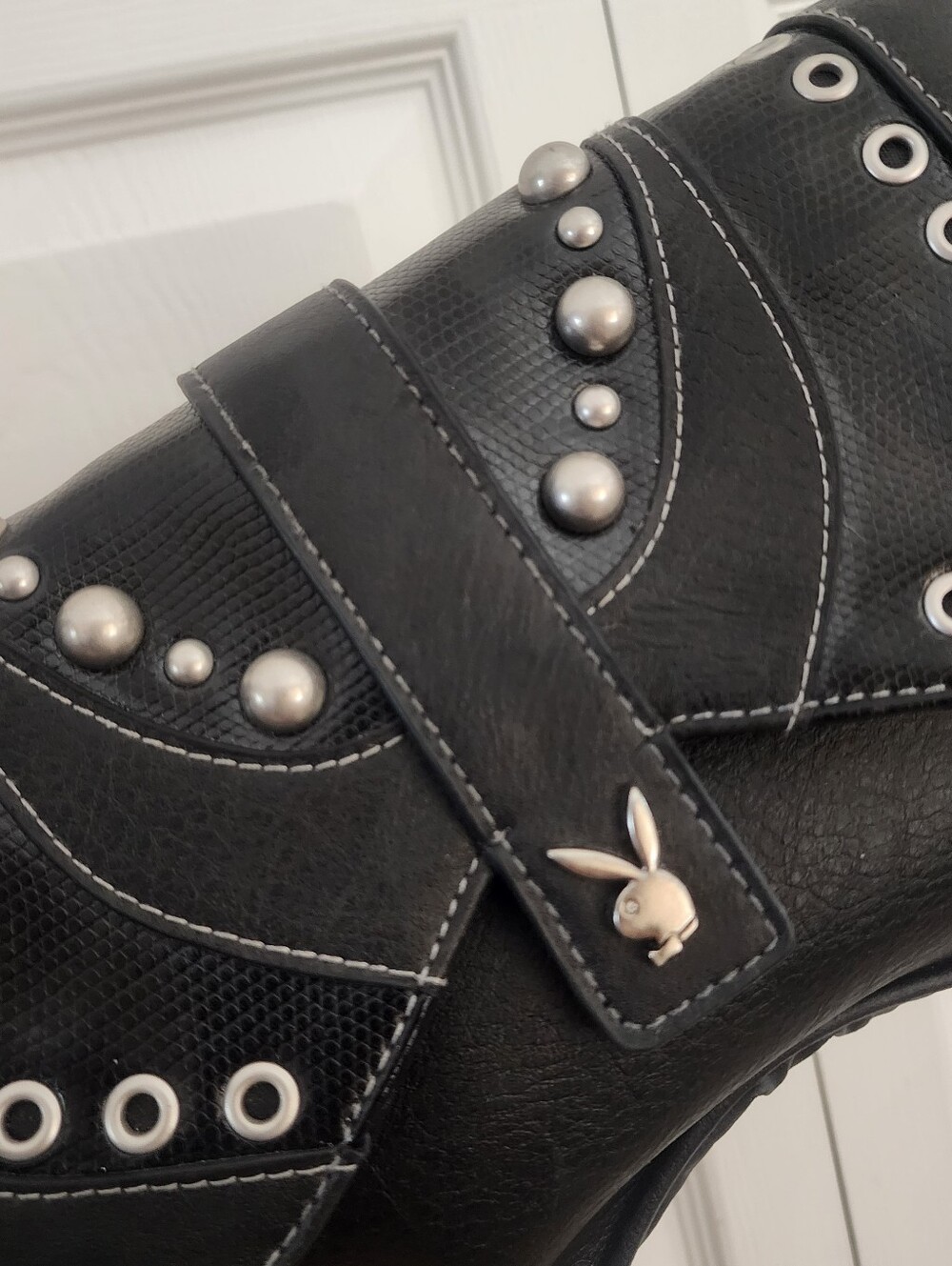 PLAYBOY Y2K Black Shoulder Grunge Bag w/ Silver Tone Grommets And Studs - Picture 3 of 11